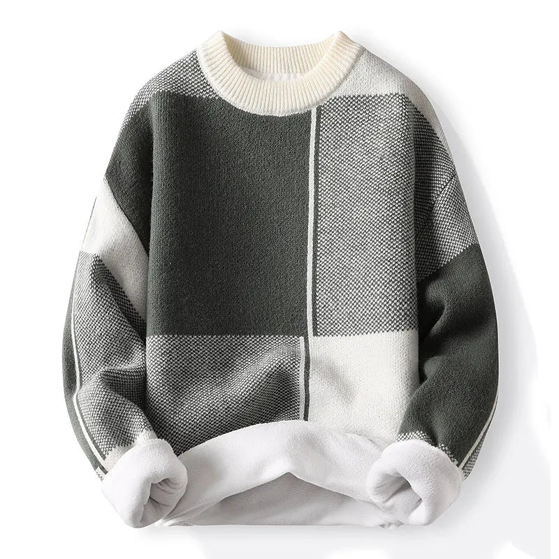 Men’s Modern Patchwork Knit Sweater – Crewneck Spring Pullover