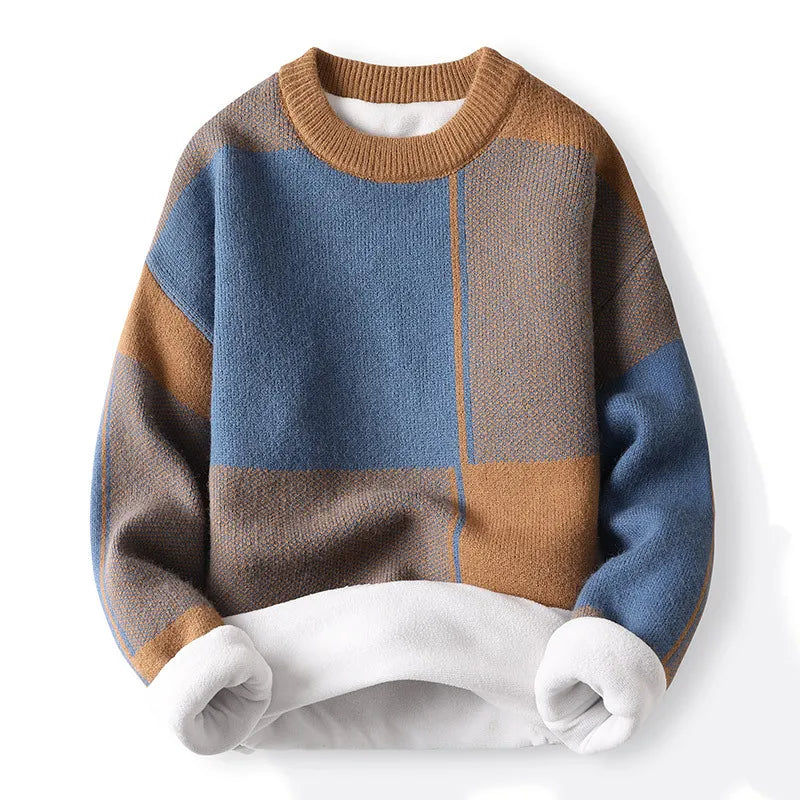 Men’s Modern Patchwork Knit Sweater – Crewneck Spring Pullover