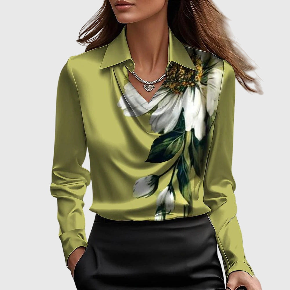Women's Satin Blouse With A Cowl Neck, Collar, And Long Sleeves – An Elegant Blouse For The Office, Evening Wear, And Smart-casual Styles