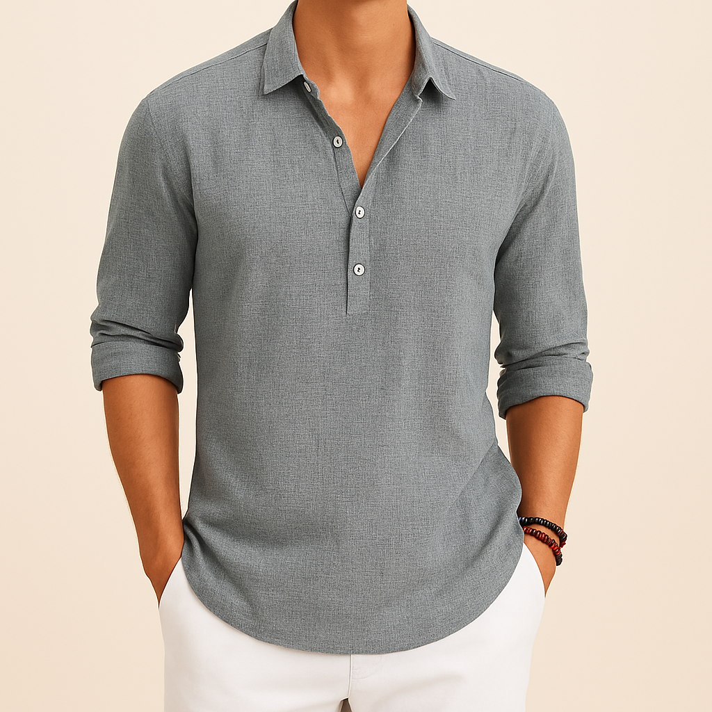 Men's Long-sleeve Polo Shirt With A Button Placket At The Neck—relaxed Fit For Comfortable Everyday Wear