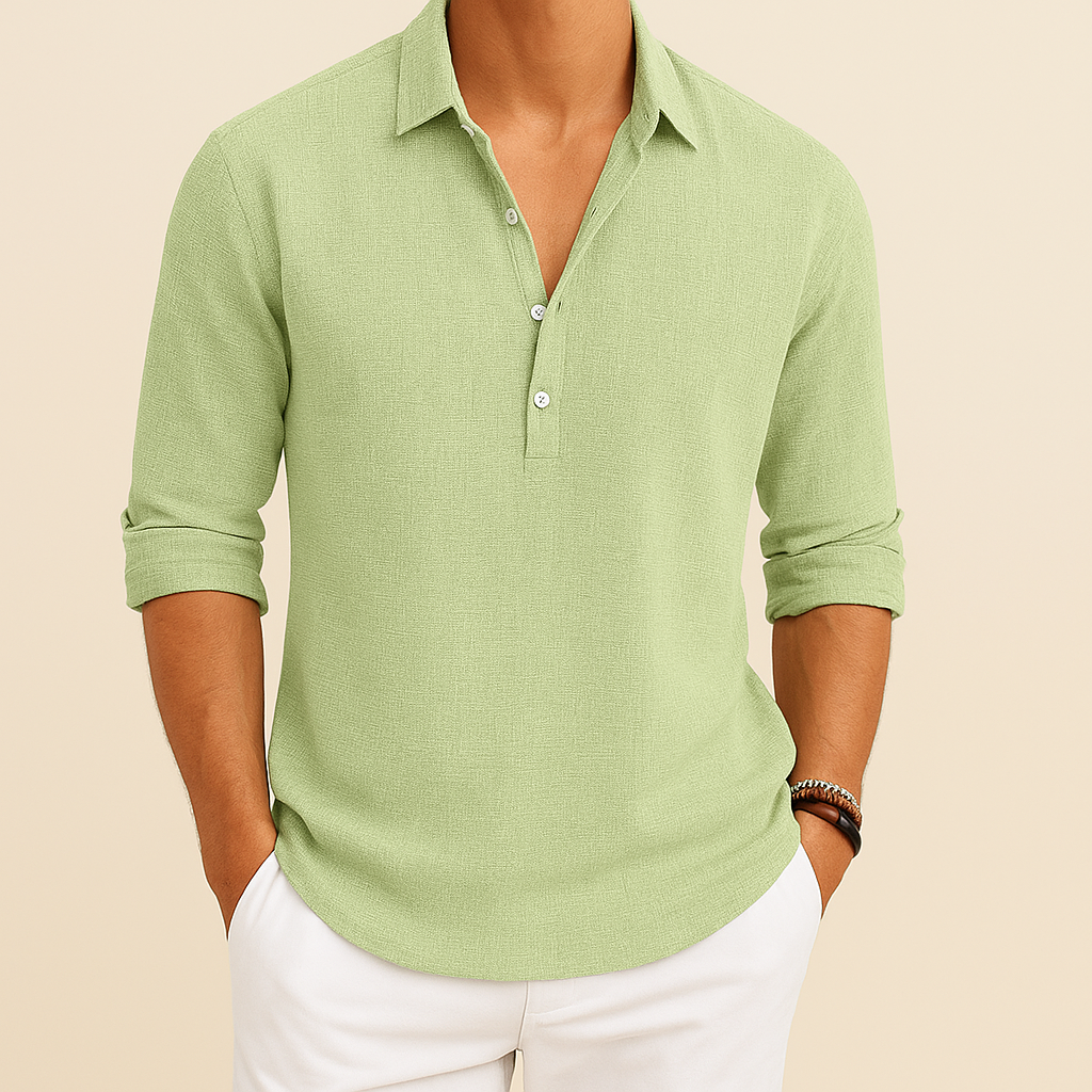 Men's Long-sleeve Polo Shirt With A Button Placket At The Neck—relaxed Fit For Comfortable Everyday Wear