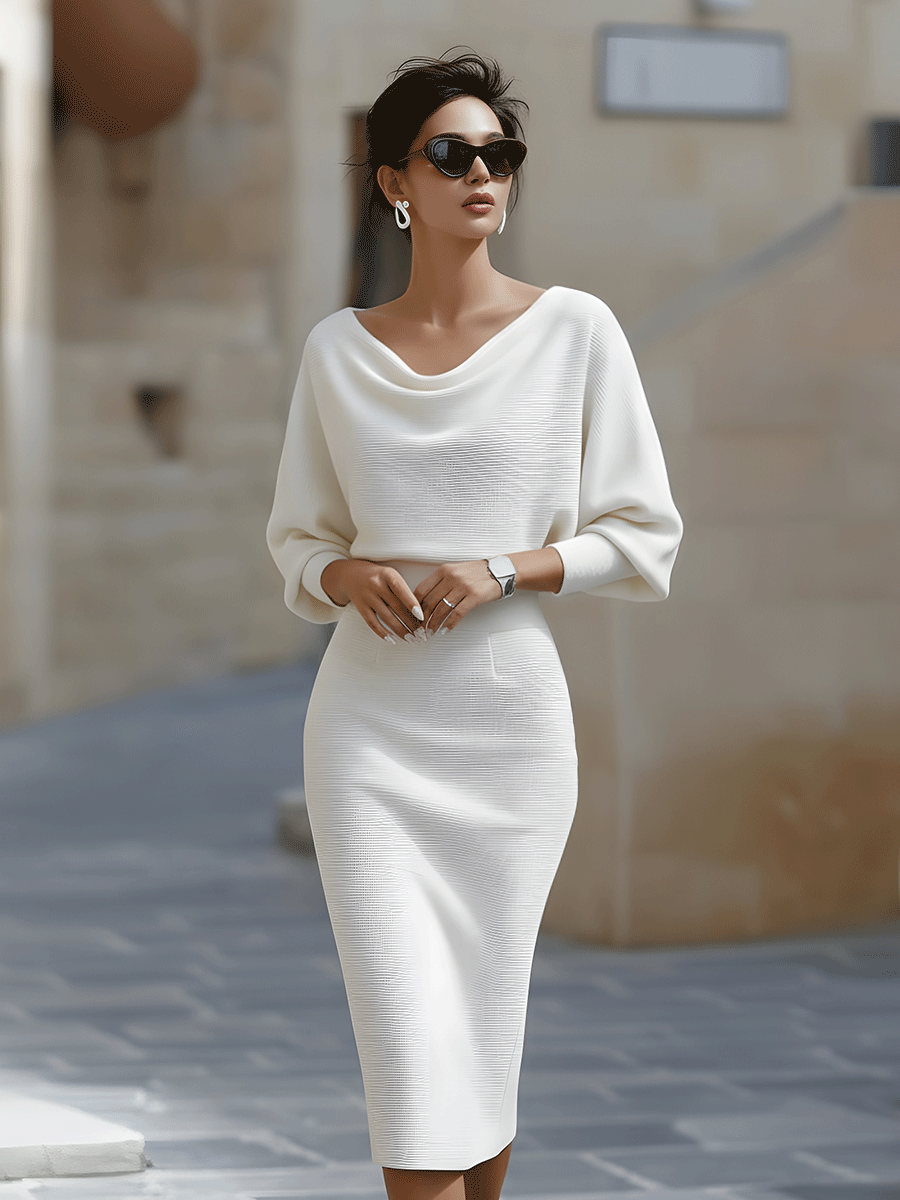 Women's Fitted Midi Dress With A Draped Neckline And Batwing Sleeves – An Elegant Dress For Parties, Evening Wear, And Special Occasions