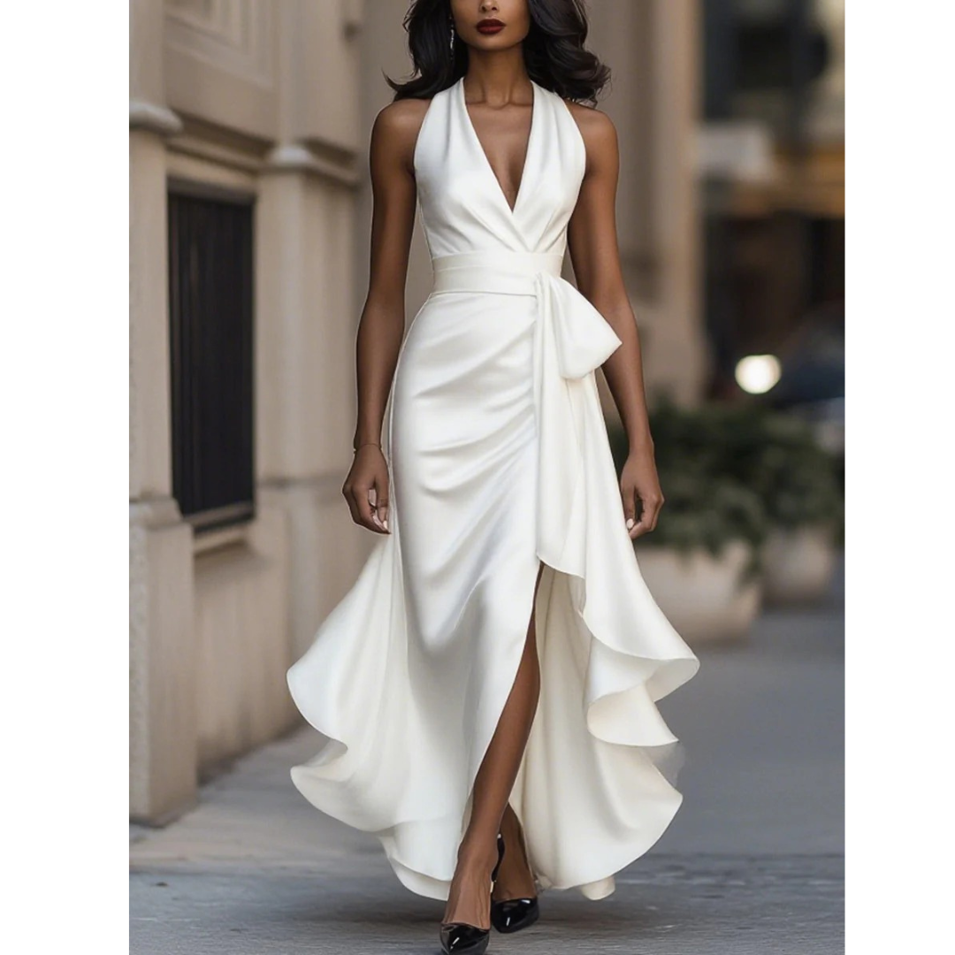 Women's Halter-neck Maxi Dress With A Draped Design And Ruffled Hem – Elegant Party Dress For Weddings, Parties, And Special Occasions