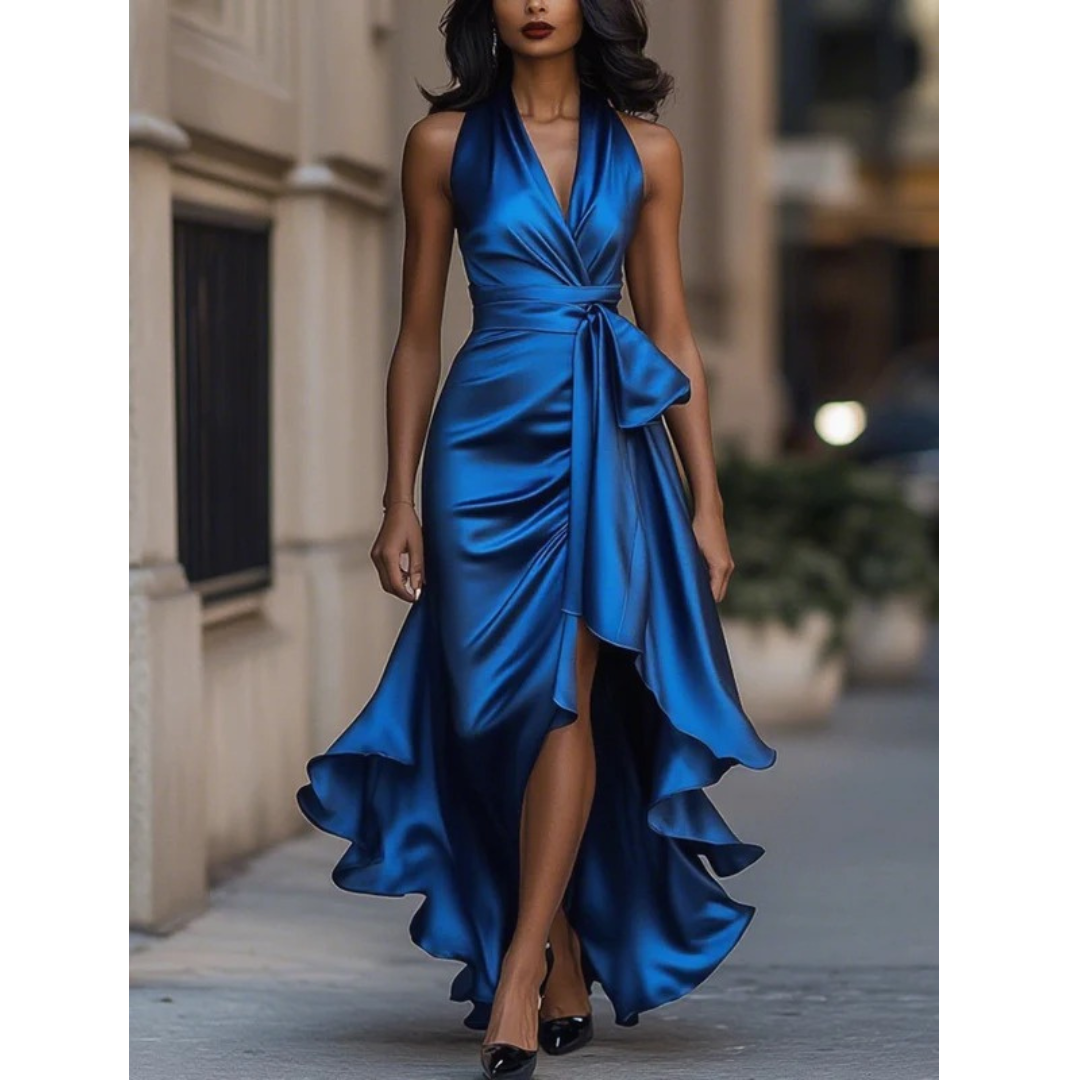 Women's Halter-neck Maxi Dress With A Draped Design And Ruffled Hem – Elegant Party Dress For Weddings, Parties, And Special Occasions