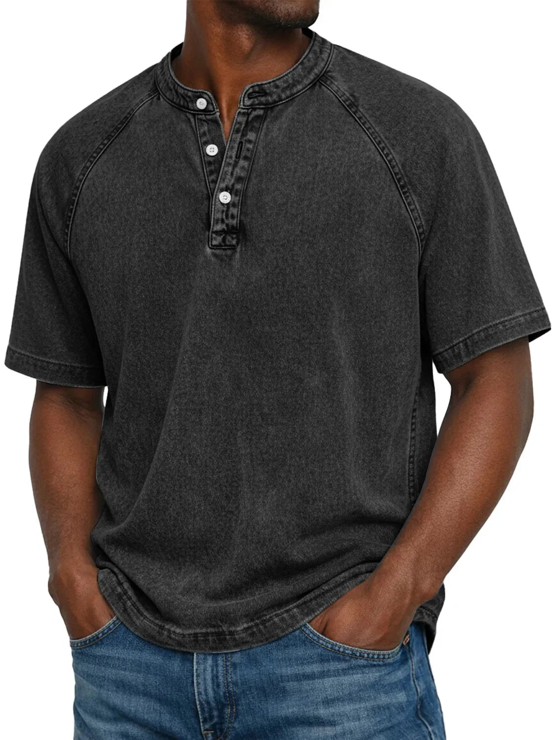Men's Washed Short-sleeve Henley T-shirt – Relaxed Summer Wear For Everyday Use, Leisure, And Casual Style