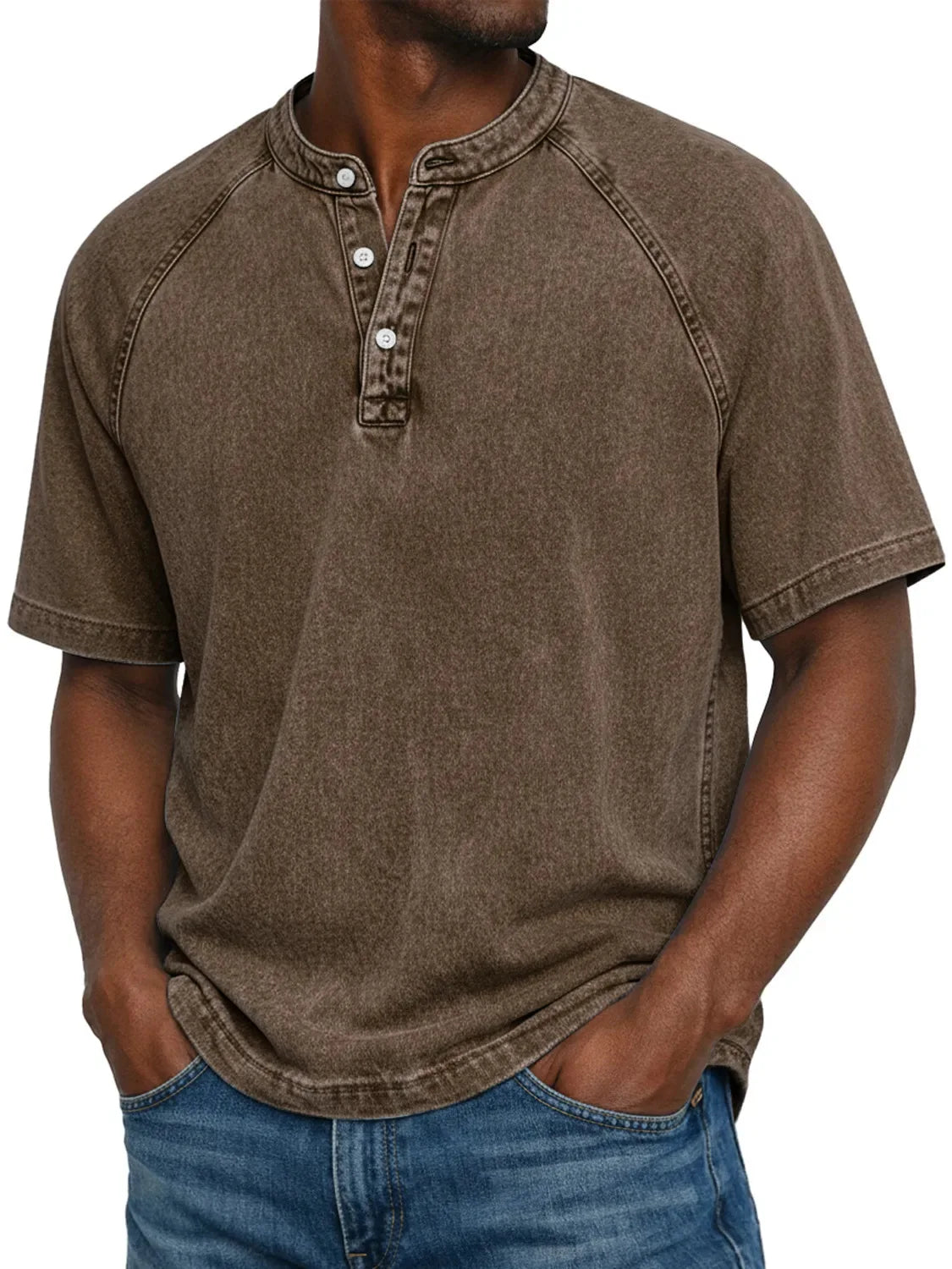 Men's Washed Short-sleeve Henley T-shirt – Relaxed Summer Wear For Everyday Use, Leisure, And Casual Style