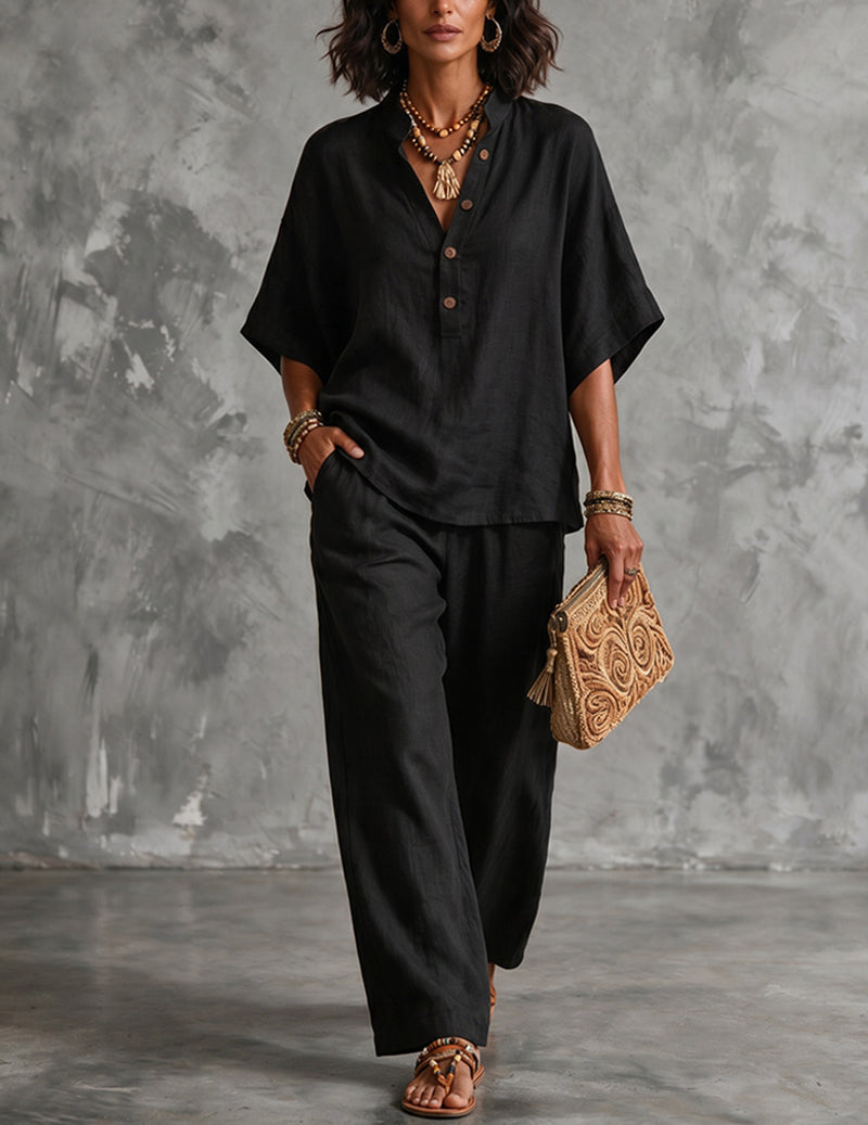 Women's Linen Batwing Sleeve Top And Pants Set - Relaxed Two-piece Outfit For Effortless Summer Wear