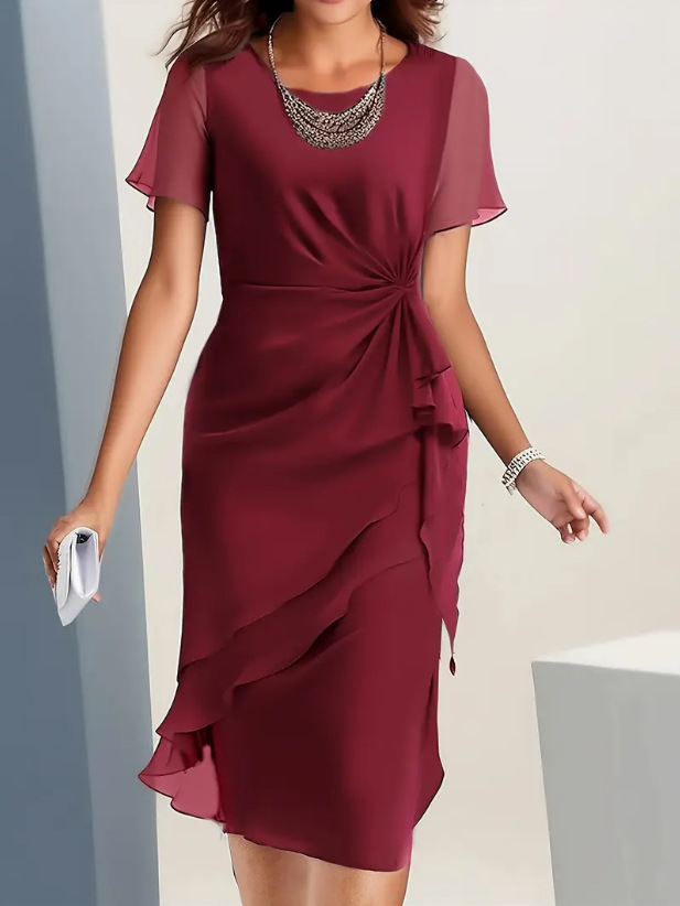 Women's Pleated Midi Dress With Ruffle Details – Elegant Cocktail Dress For Weddings, Evening Parties, And Special Occasions