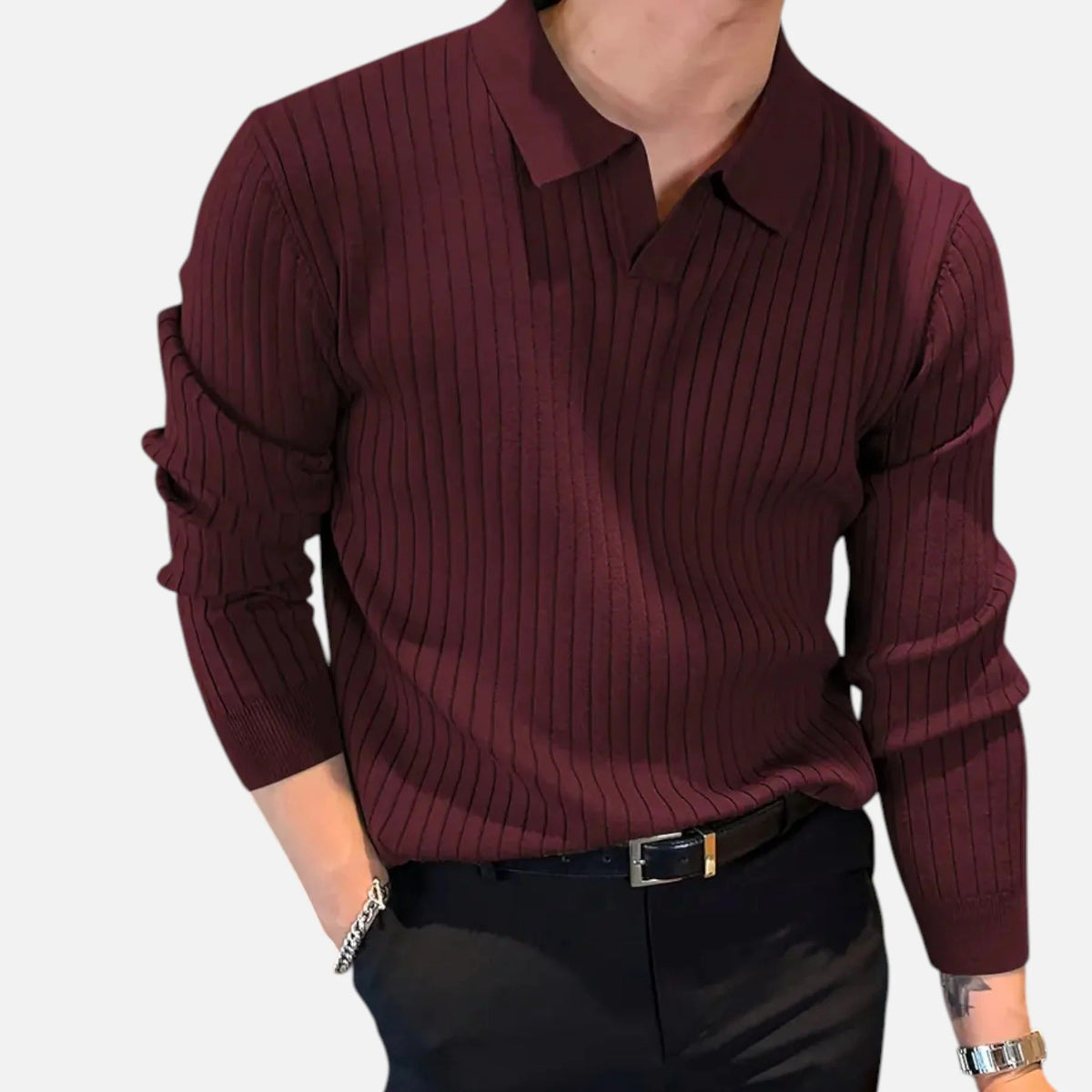 Men's Ribbed Long-sleeve Polo Shirt With A Collar – An Elegant Top For Stylish Everyday Outfits