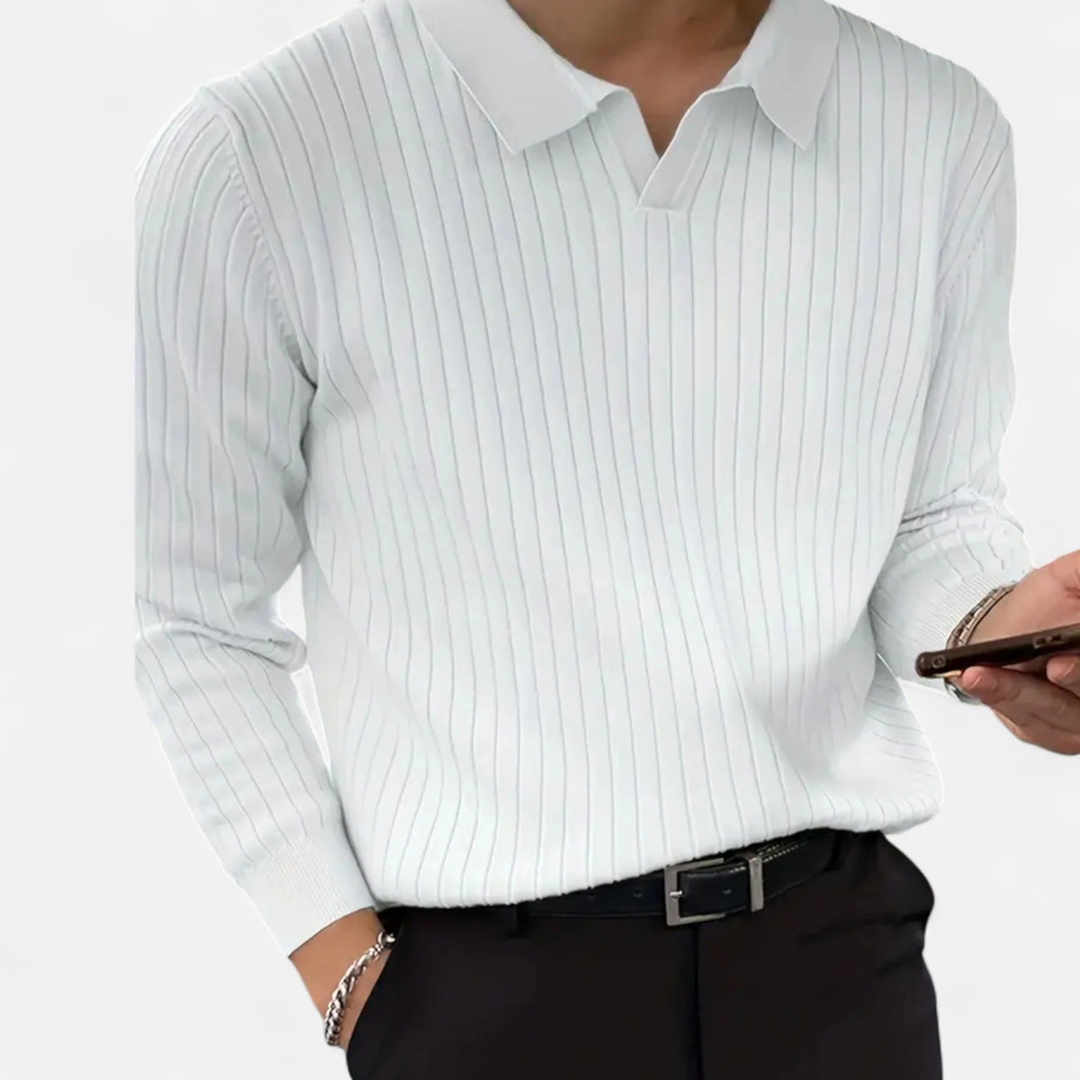 Men's Ribbed Long-sleeve Polo Shirt With A Collar – An Elegant Top For Stylish Everyday Outfits
