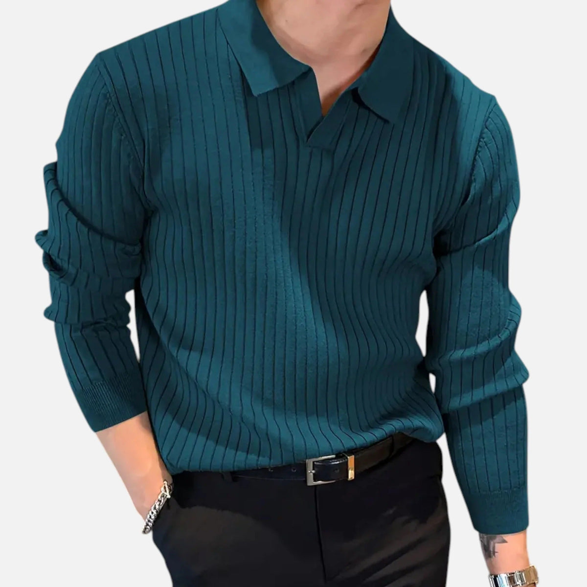 Men's Ribbed Long-sleeve Polo Shirt With A Collar – An Elegant Top For Stylish Everyday Outfits