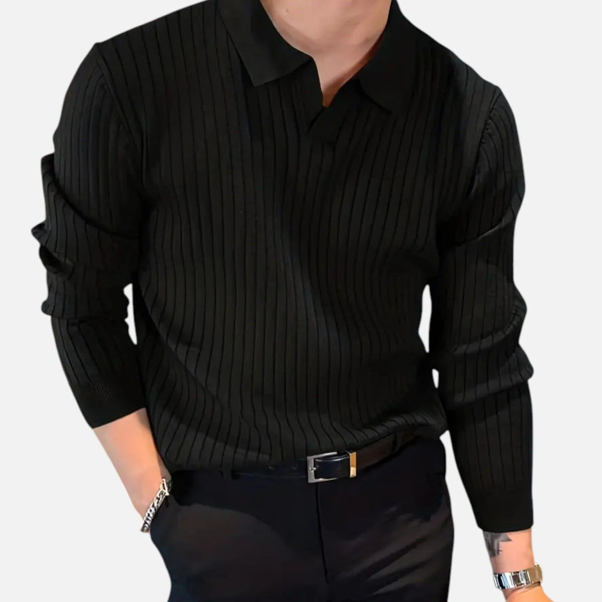 Men's Ribbed Long-sleeve Polo Shirt With A Collar – An Elegant Top For Stylish Everyday Outfits