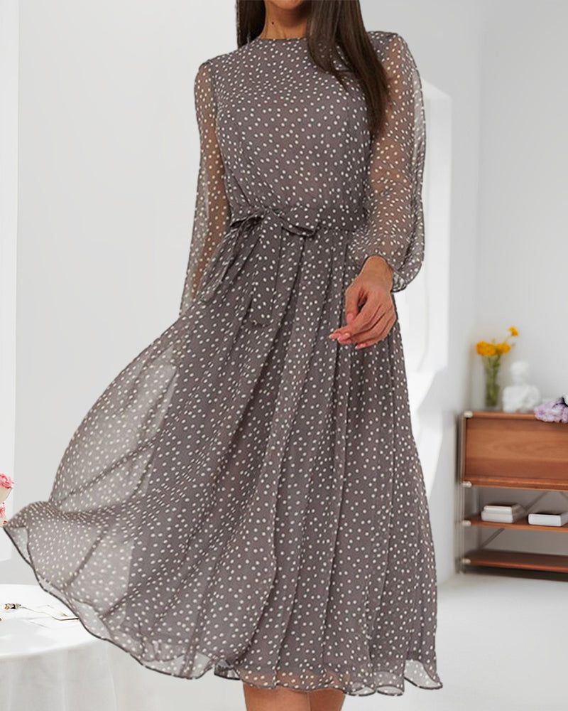 Women's Polka Dot A-line Dress - Loose Knee-length Long-sleeve Style For Elegant Everyday Wear