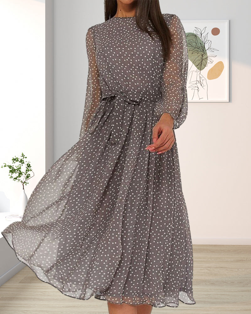 Women's Polka Dot A-line Dress - Loose Knee-length Long-sleeve Style For Elegant Everyday Wear
