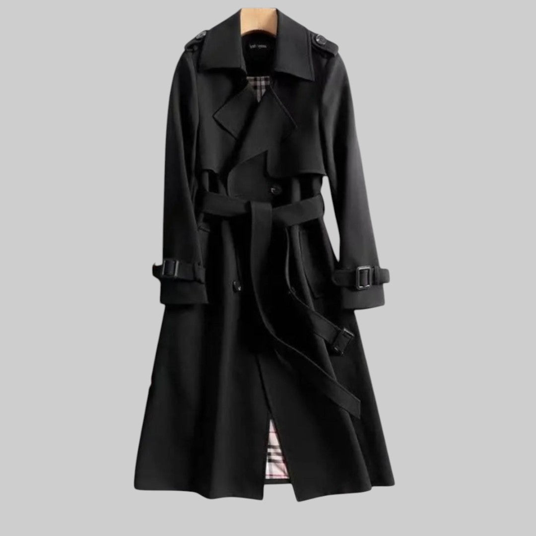 Women's Long Trench Coat With A Belt And Double-breasted Closure – Elegant Outerwear For The Office, City Life, And Everyday Wear