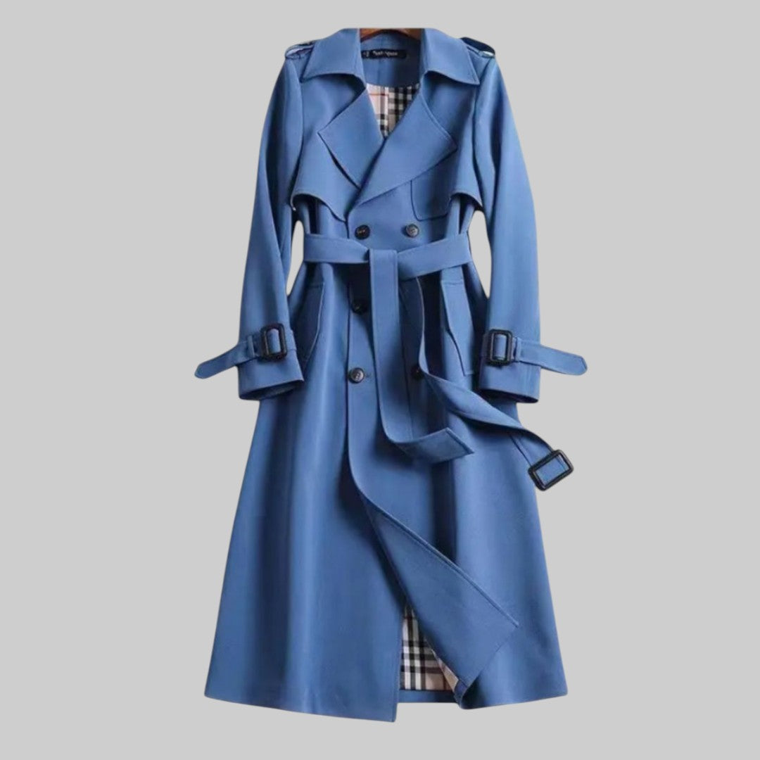 Women's Long Trench Coat With A Belt And Double-breasted Closure – Elegant Outerwear For The Office, City Life, And Everyday Wear