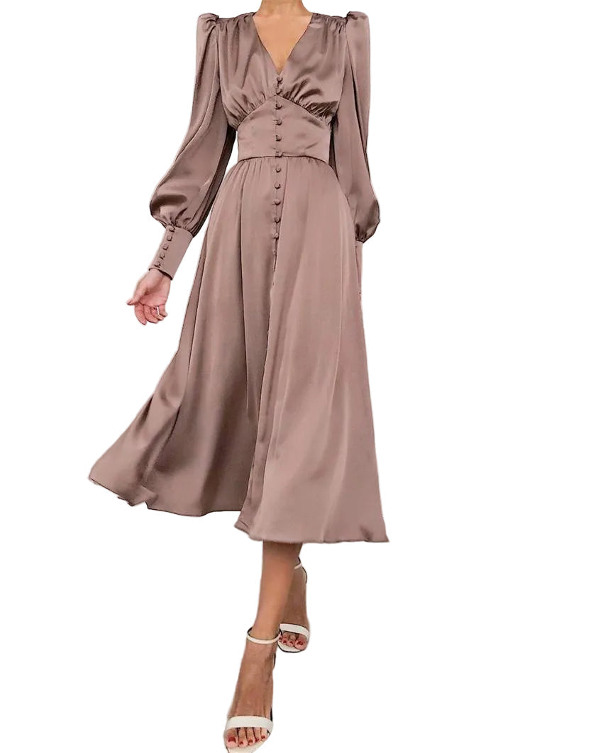 Women's Midi Dress With A Button-front Closure And Gathered Sleeves – An Elegant Dress For Everyday Wear, Work, And Special Occasions