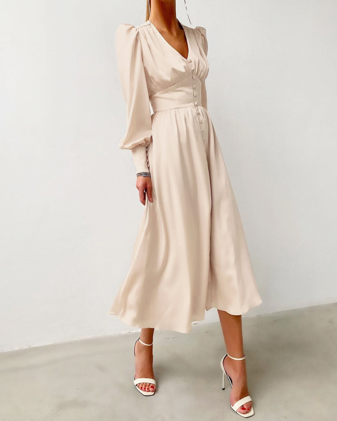Women's Midi Dress With A Button-front Closure And Gathered Sleeves – An Elegant Dress For Everyday Wear, Work, And Special Occasions