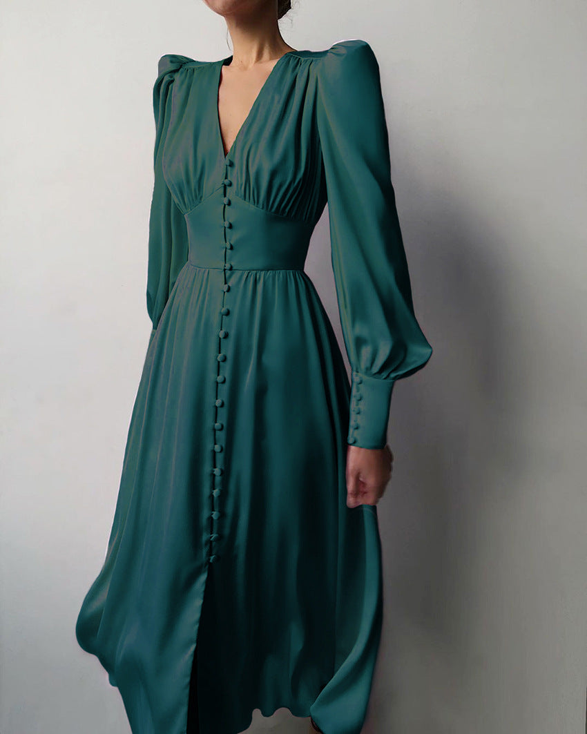 Women's Midi Dress With A Button-front Closure And Gathered Sleeves – An Elegant Dress For Everyday Wear, Work, And Special Occasions