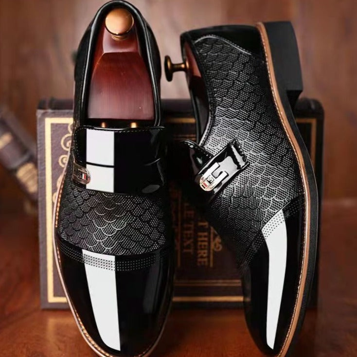 Men's Loafers With A Textured Upper, Buckle, And Glossy Finish – Elegant Slip-on Shoes For Work, Formal Occasions, And Smart-casual Style