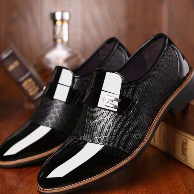 Men's Loafers With A Textured Upper, Buckle, And Glossy Finish – Elegant Slip-on Shoes For Work, Formal Occasions, And Smart-casual Style