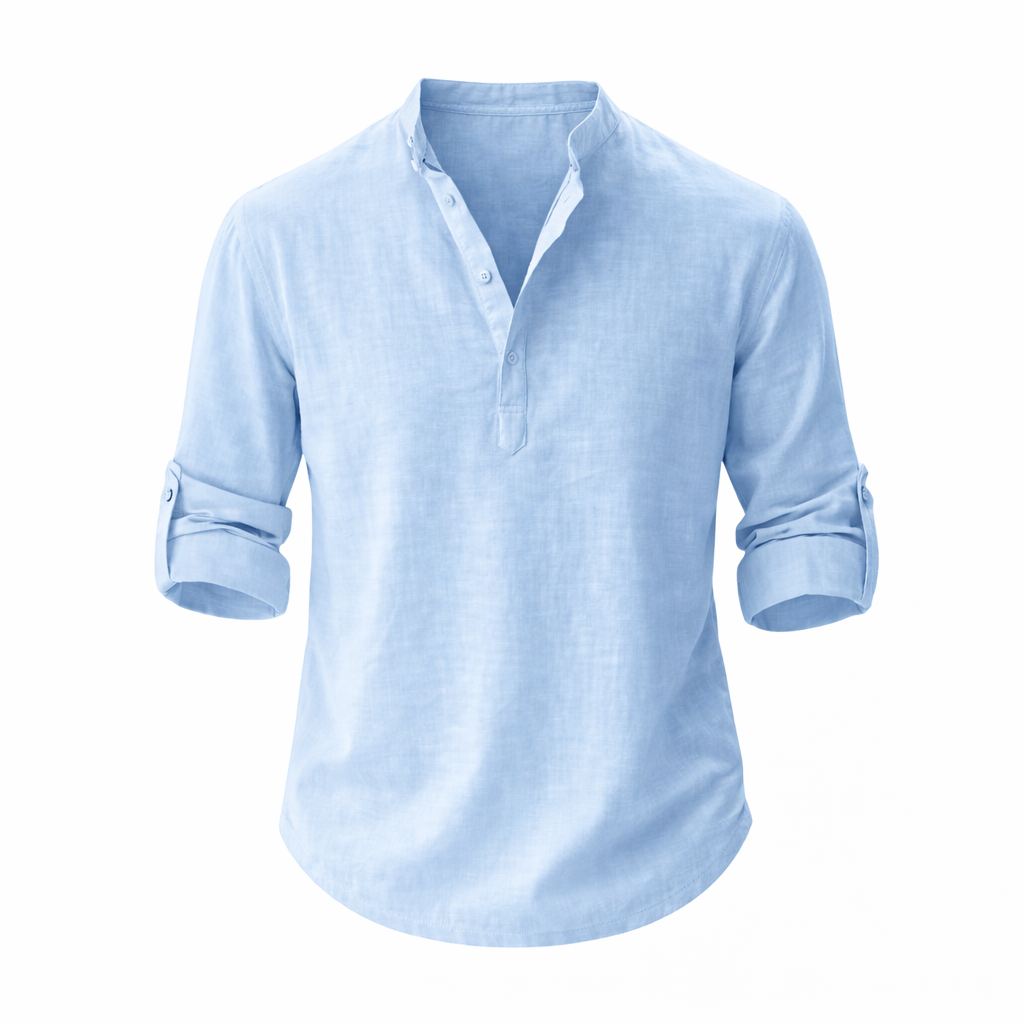 Men's Linen Shirt With A Stand-up Collar And Rolled-up Sleeves – A Lightweight Summer Shirt For Everyday Wear, Vacations, And A Casual Look