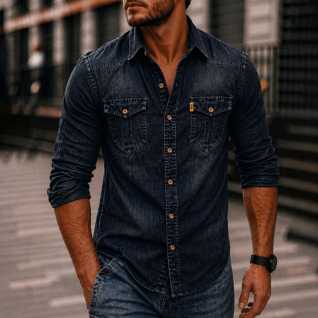 Men's Denim Button-up Shirt - Long-sleeve Casual Shirt With Chest Pockets For Everyday Wear