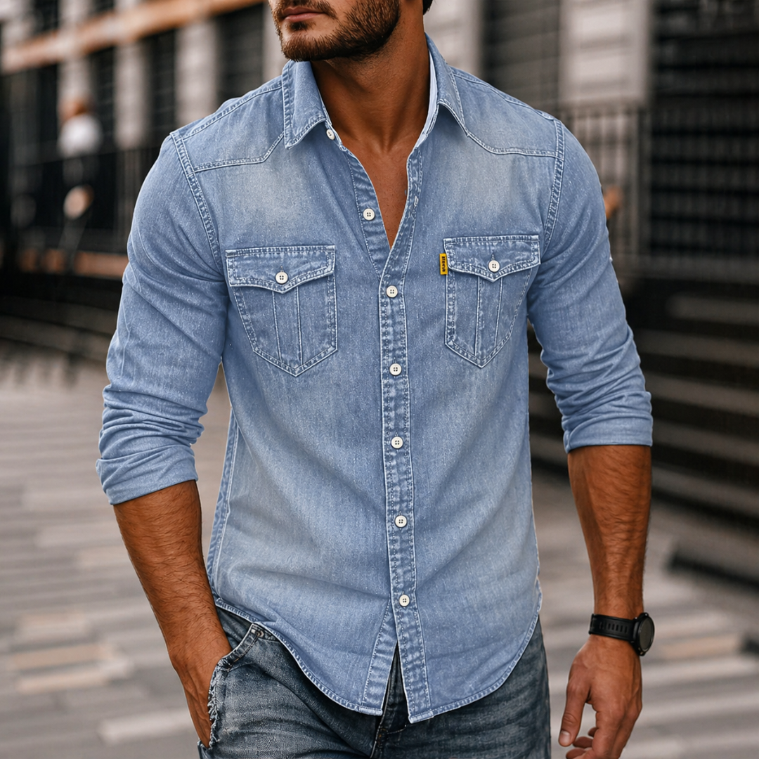 Men's Denim Button-up Shirt - Long-sleeve Casual Shirt With Chest Pockets For Everyday Wear