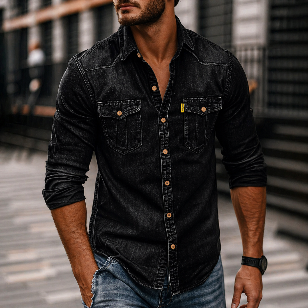 Men's Denim Button-up Shirt - Long-sleeve Casual Shirt With Chest Pockets For Everyday Wear