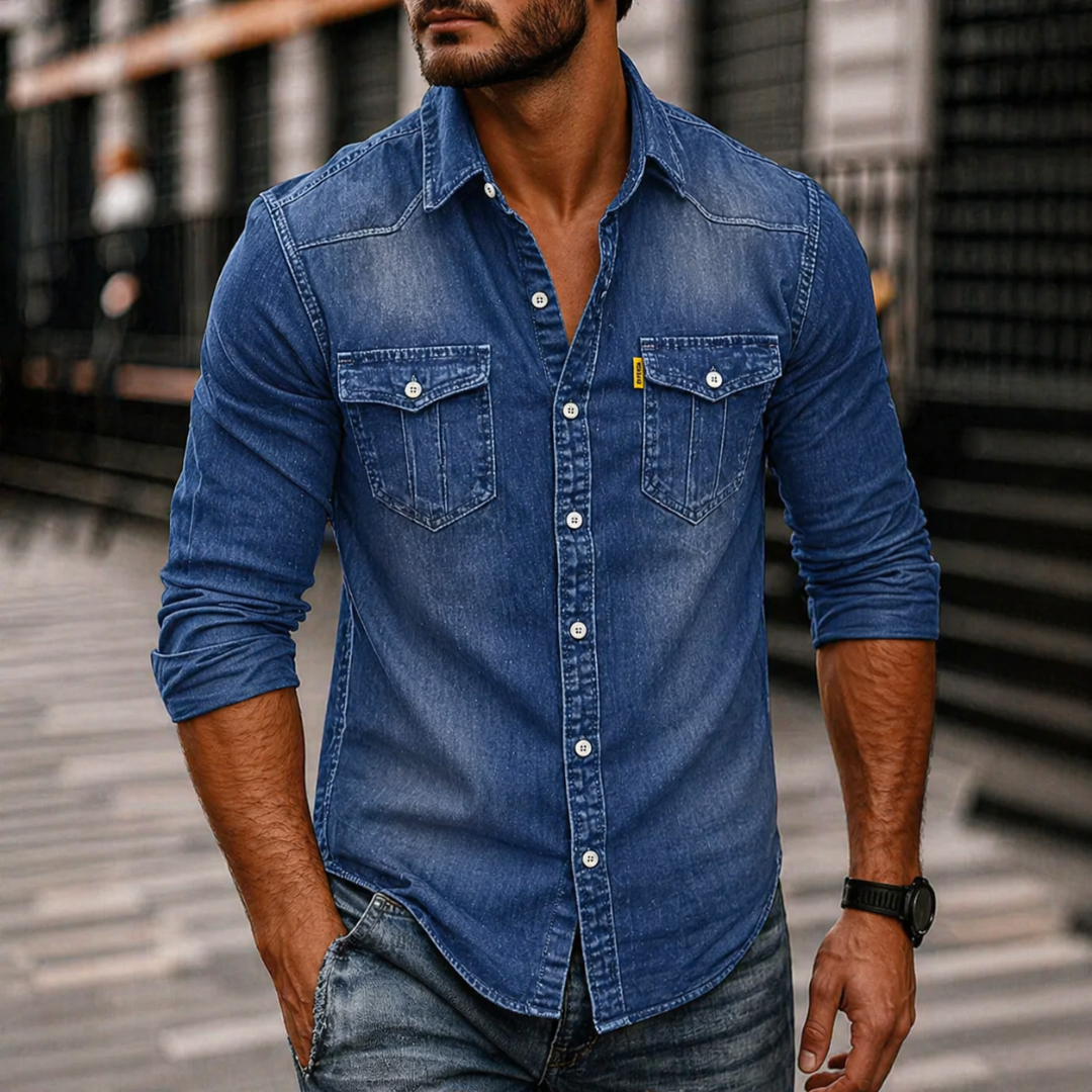 Men's Denim Button-up Shirt - Long-sleeve Casual Shirt With Chest Pockets For Everyday Wear