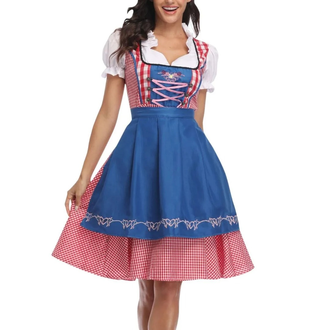 Women's Checkered Dirndl Dress With Lace-up Closure And Apron – Oktoberfest Midi Dress For Festivals, Parties, And Special Occasions
