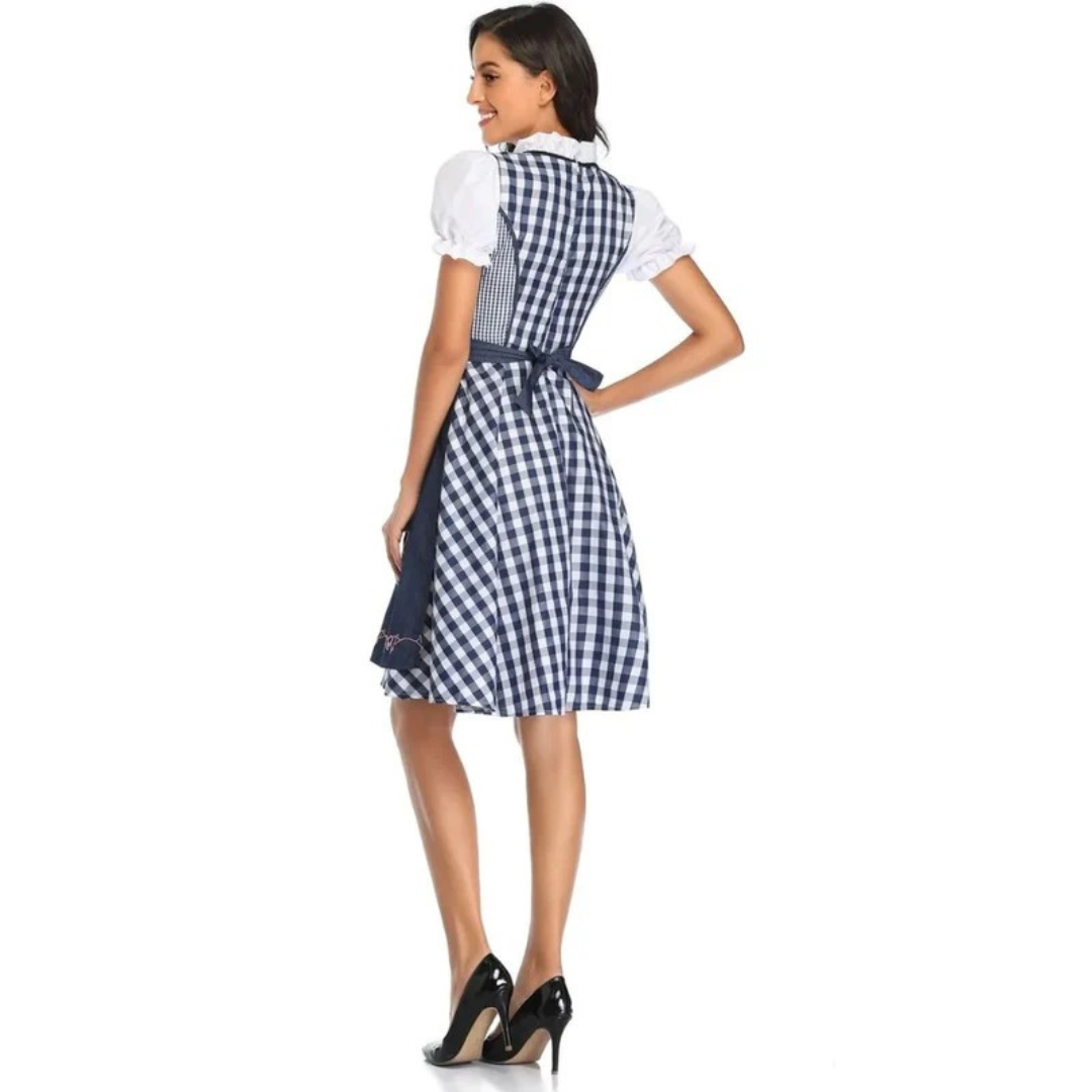 Women's Checkered Dirndl Dress With Lace-up Closure And Apron – Oktoberfest Midi Dress For Festivals, Parties, And Special Occasions