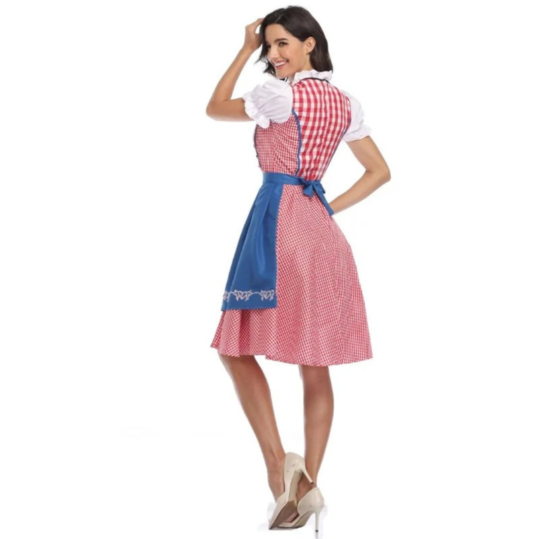 Women's Checkered Dirndl Dress With Lace-up Closure And Apron – Oktoberfest Midi Dress For Festivals, Parties, And Special Occasions