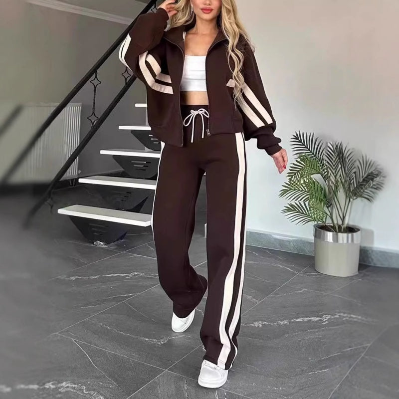 Women's 2-piece Lounge Set With Contrasting Stripes And A Zipper – Casual Tracksuit For Everyday Wear, Leisure, And Relaxation