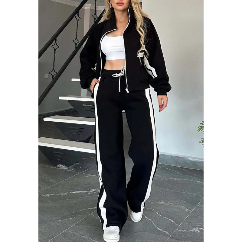 Women's 2-piece Lounge Set With Contrasting Stripes And A Zipper – Casual Tracksuit For Everyday Wear, Leisure, And Relaxation