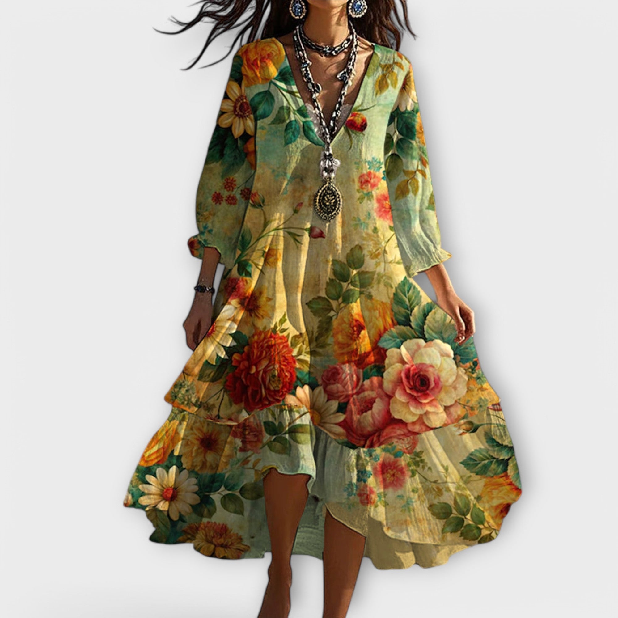 Isla | Women Flowy V Neck Boho Summer Midi Dress