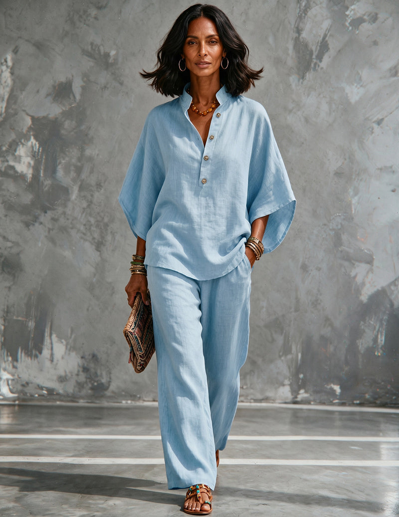 Women's Linen Batwing Sleeve Top And Pants Set - Relaxed Two-piece Outfit For Effortless Summer Wear