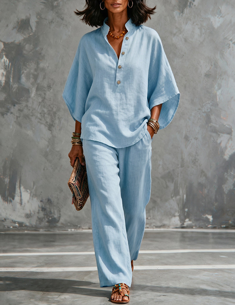 Women's Linen Batwing Sleeve Top And Pants Set - Relaxed Two-piece Outfit For Effortless Summer Wear