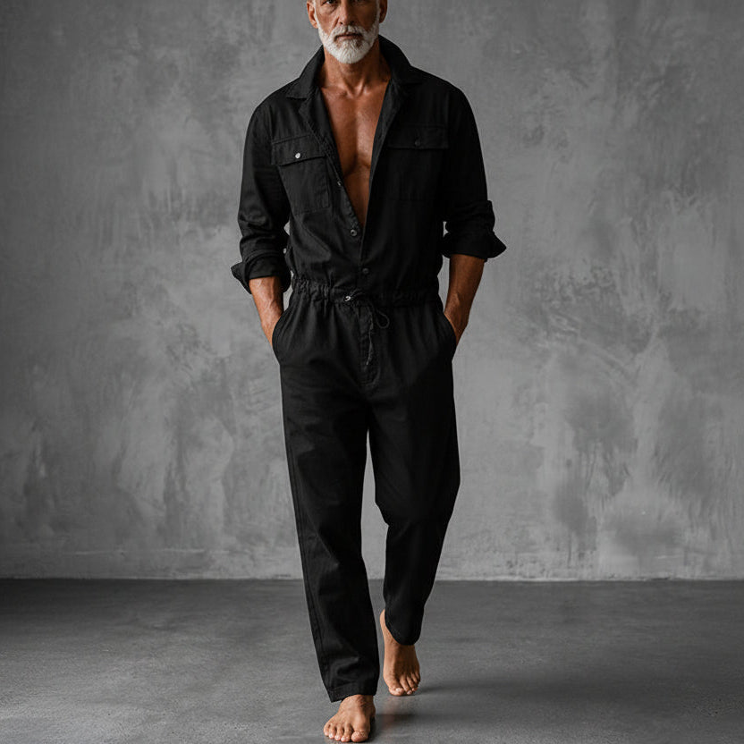 Men's Utility Jumpsuit - Drawstring Waist And Cargo Pockets For Casual Outdoor Wear