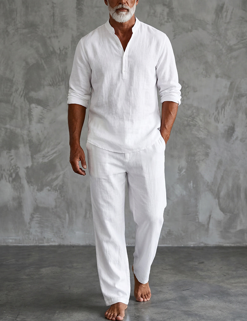 Men's Linen Henley Set - Relaxed Fit Trousers For Smart Casual Summer Wear