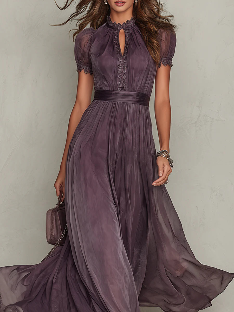 Women's Lace-trim Maxi Dress - Gathered Waist Design For Elegant Occasion Wear