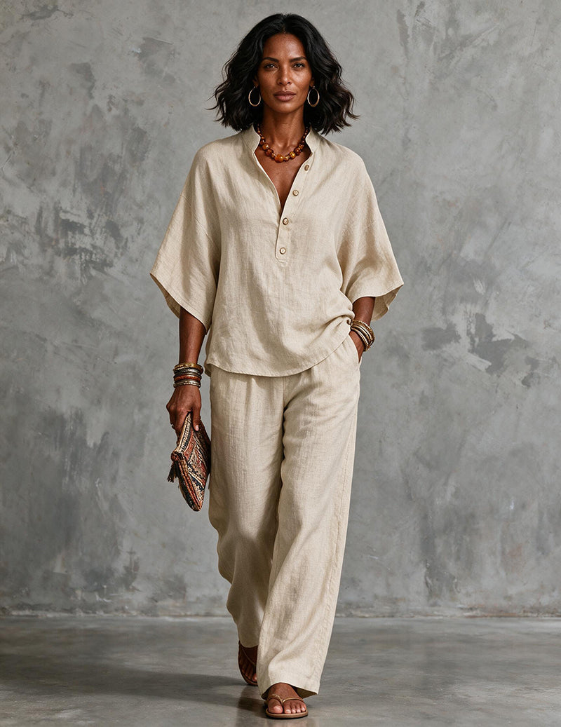 Women's Linen Batwing Sleeve Top And Pants Set - Relaxed Two-piece Outfit For Effortless Summer Wear