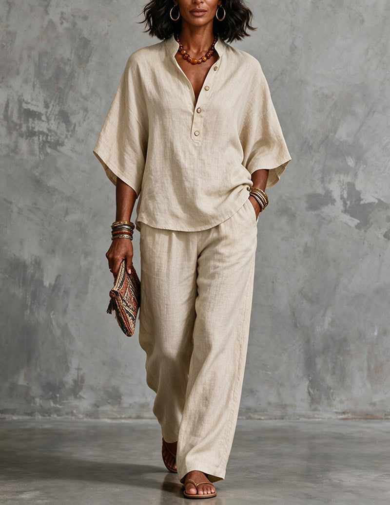 Women's Linen Batwing Sleeve Top And Pants Set - Relaxed Two-piece Outfit For Effortless Summer Wear