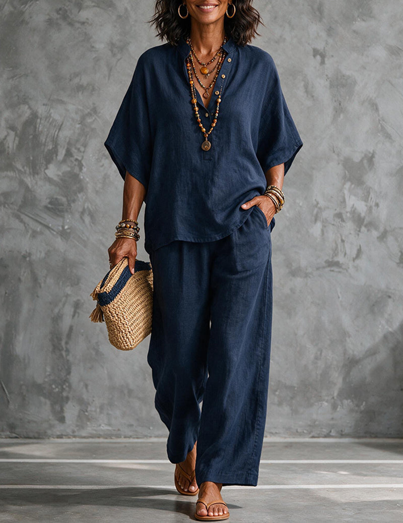 Women's Linen Batwing Sleeve Top And Pants Set - Relaxed Two-piece Outfit For Effortless Summer Wear