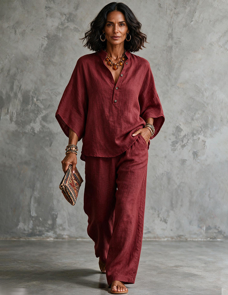 Women's Linen Batwing Sleeve Top And Pants Set - Relaxed Two-piece Outfit For Effortless Summer Wear
