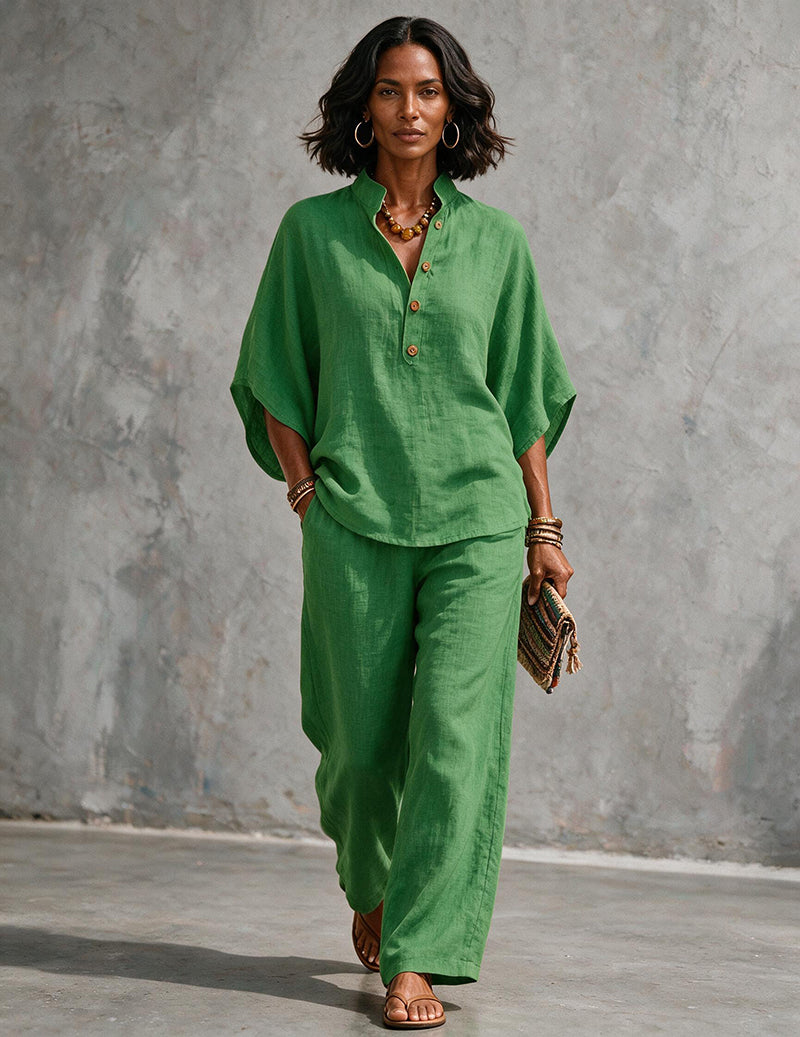 Women's Linen Batwing Sleeve Top And Pants Set - Relaxed Two-piece Outfit For Effortless Summer Wear
