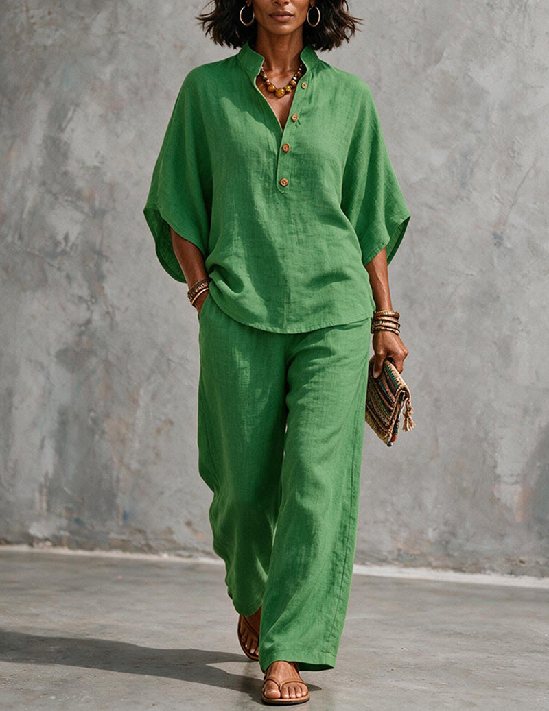 Women's Linen Batwing Sleeve Top And Pants Set - Relaxed Two-piece Outfit For Effortless Summer Wear