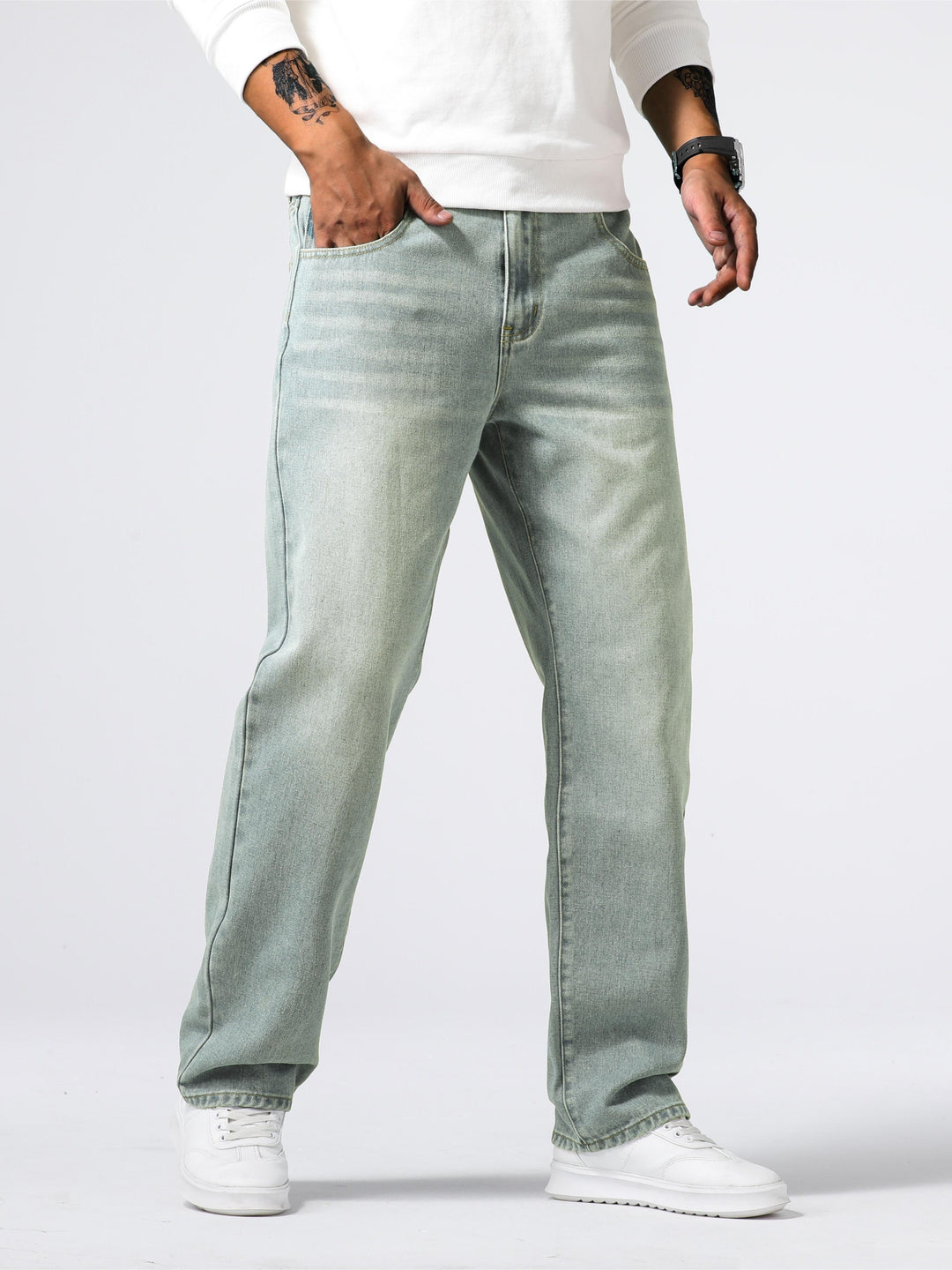 Men's Straight-leg Denim Jeans With A Washed Look – Classic Everyday Jeans For Leisure, Everyday Wear, And Casual Style