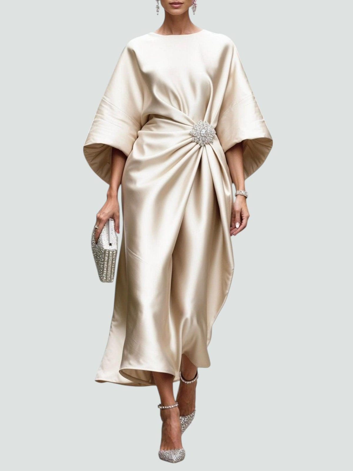 Women's Draped Brooch Maxi Dress - Cape Sleeve Gown For Formal Events