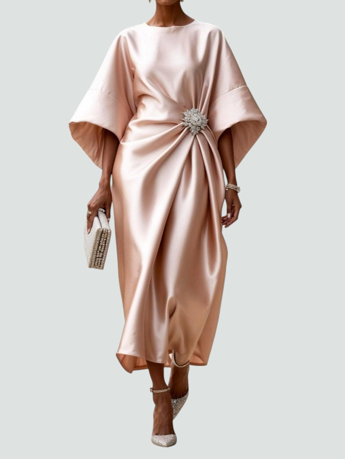 Women's Draped Brooch Maxi Dress - Cape Sleeve Gown For Formal Events